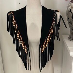 Leather Black Fringe Vest with Beaded Detail